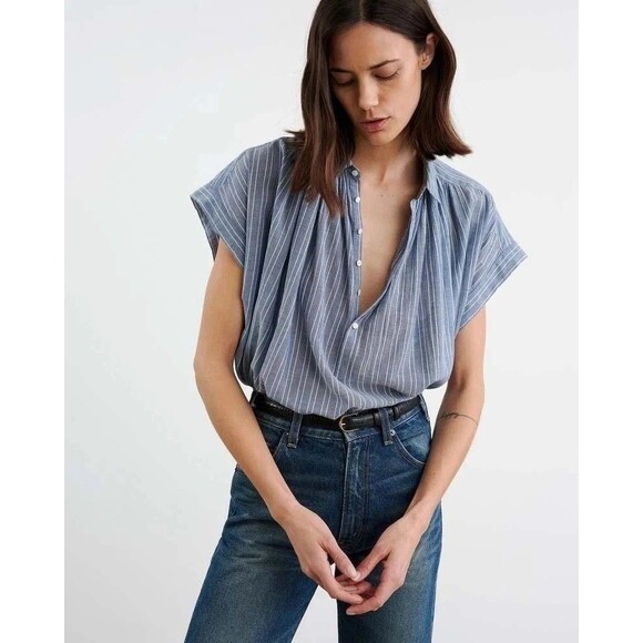 Nili Lotan Normandy Shirt Tunic Top Striped Printed Cotton Oversized XS 283740 - Picture 1 of 10